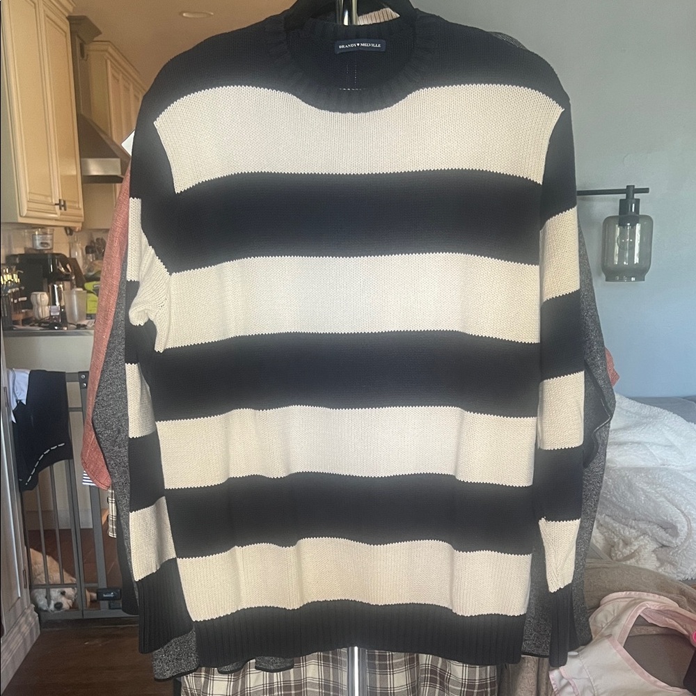 Brandy Melville Black and Cream Striped Crewneck Sweater